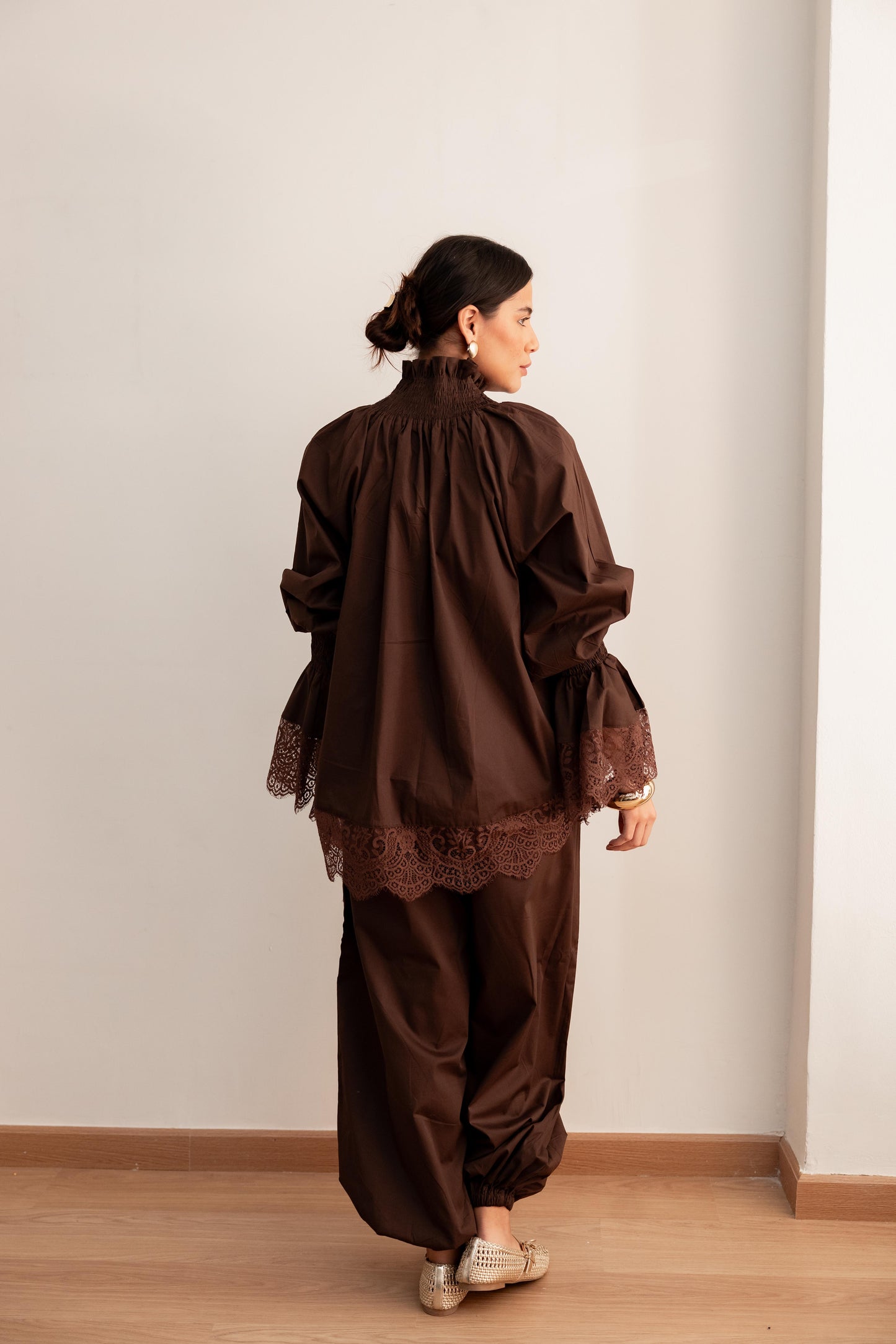 Lace detail blouse-Brown