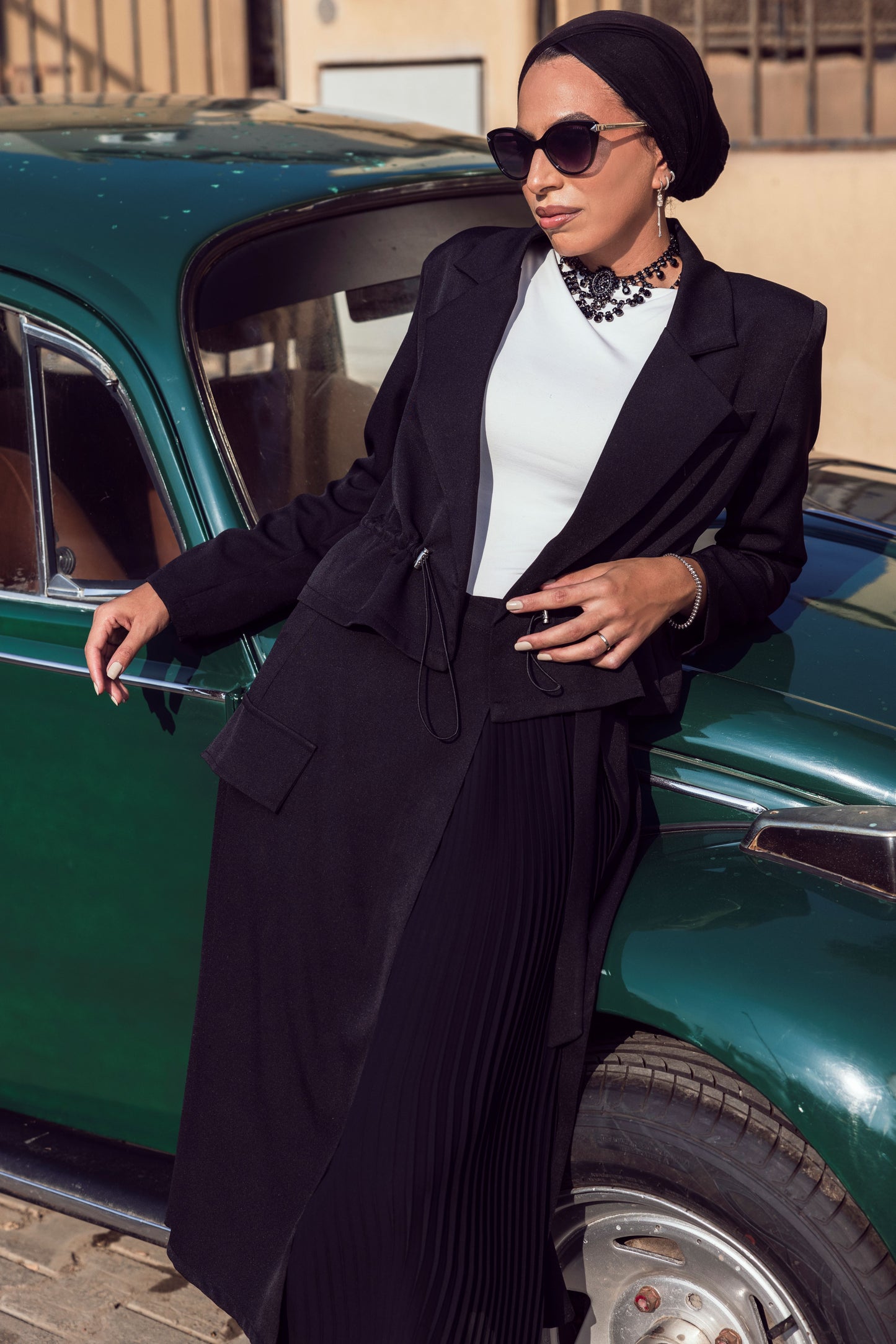 Drawstring waist blazer-Black