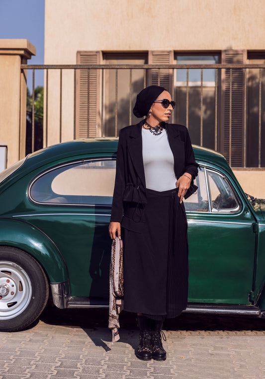 Drawstring waist blazer-Black