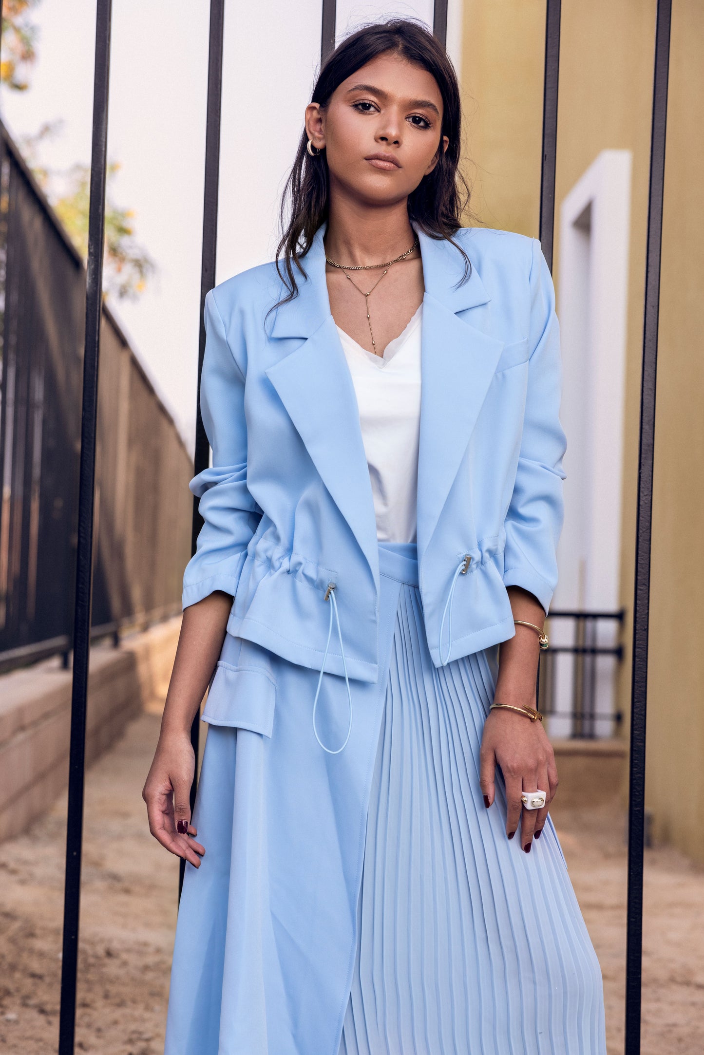 Drawstring waist blazer-Sky blue