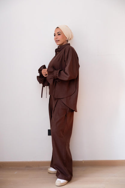 High low linen shirt -Brown