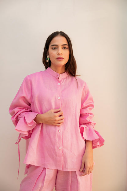 High low linen shirt-Pink