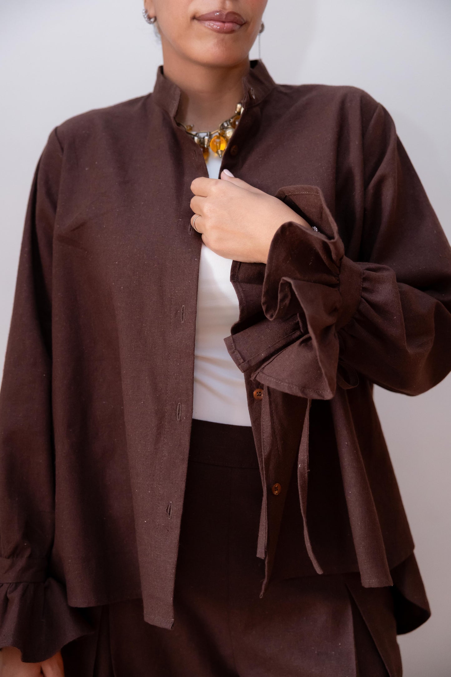 High low linen shirt -Brown