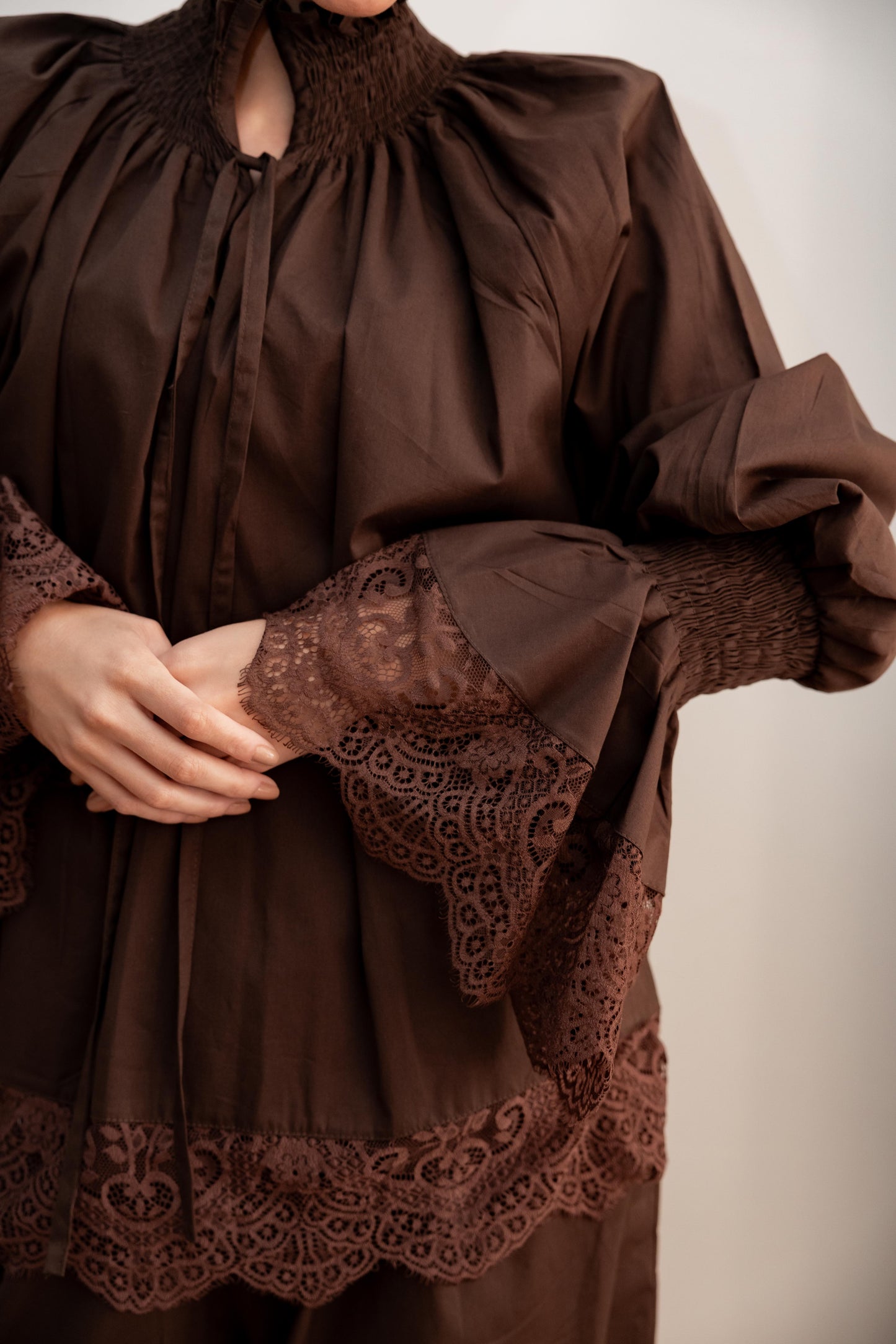 Lace detail blouse-Brown