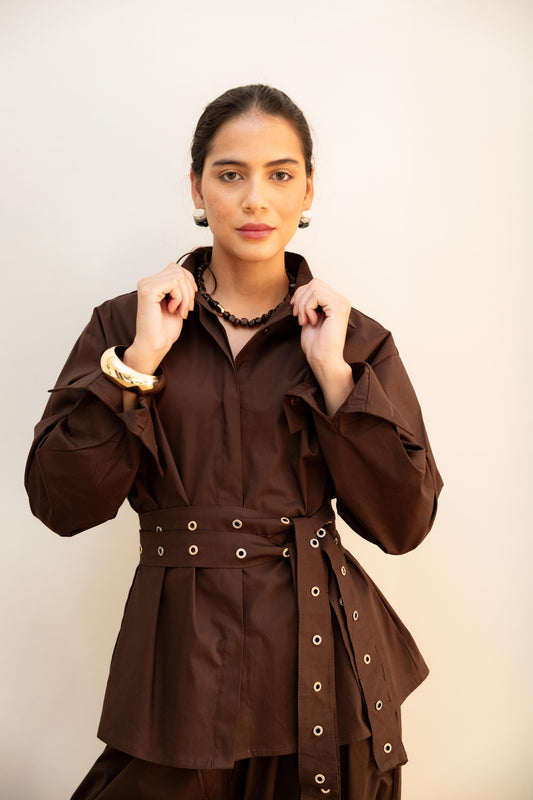 Double belted shirt-Brown