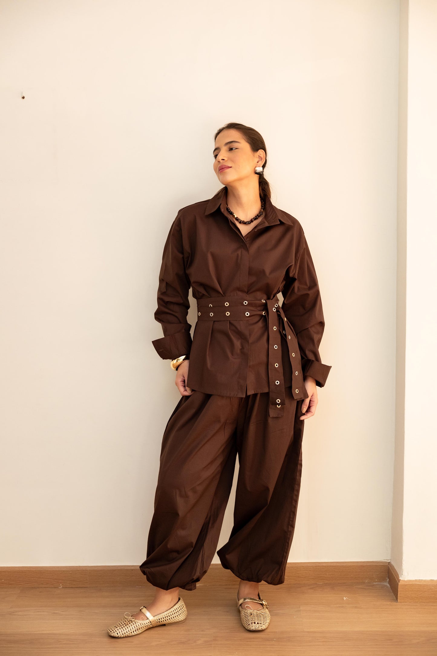 Double belted shirt-Brown