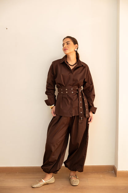 Double belted shirt-Brown