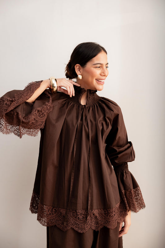 Lace detail blouse-Brown