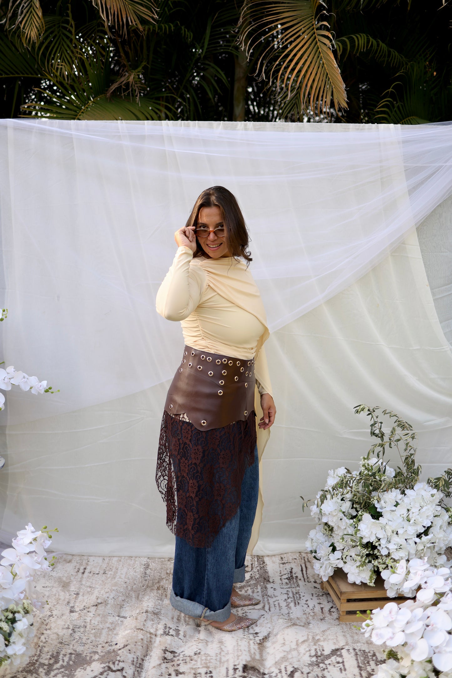 Scarf draped top (Beige)