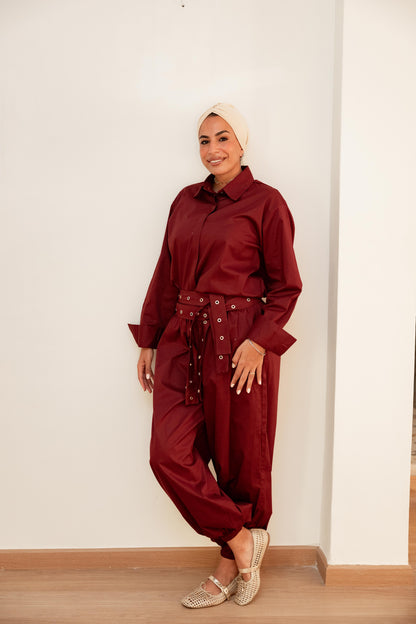 Double belted shirt-Burgundy