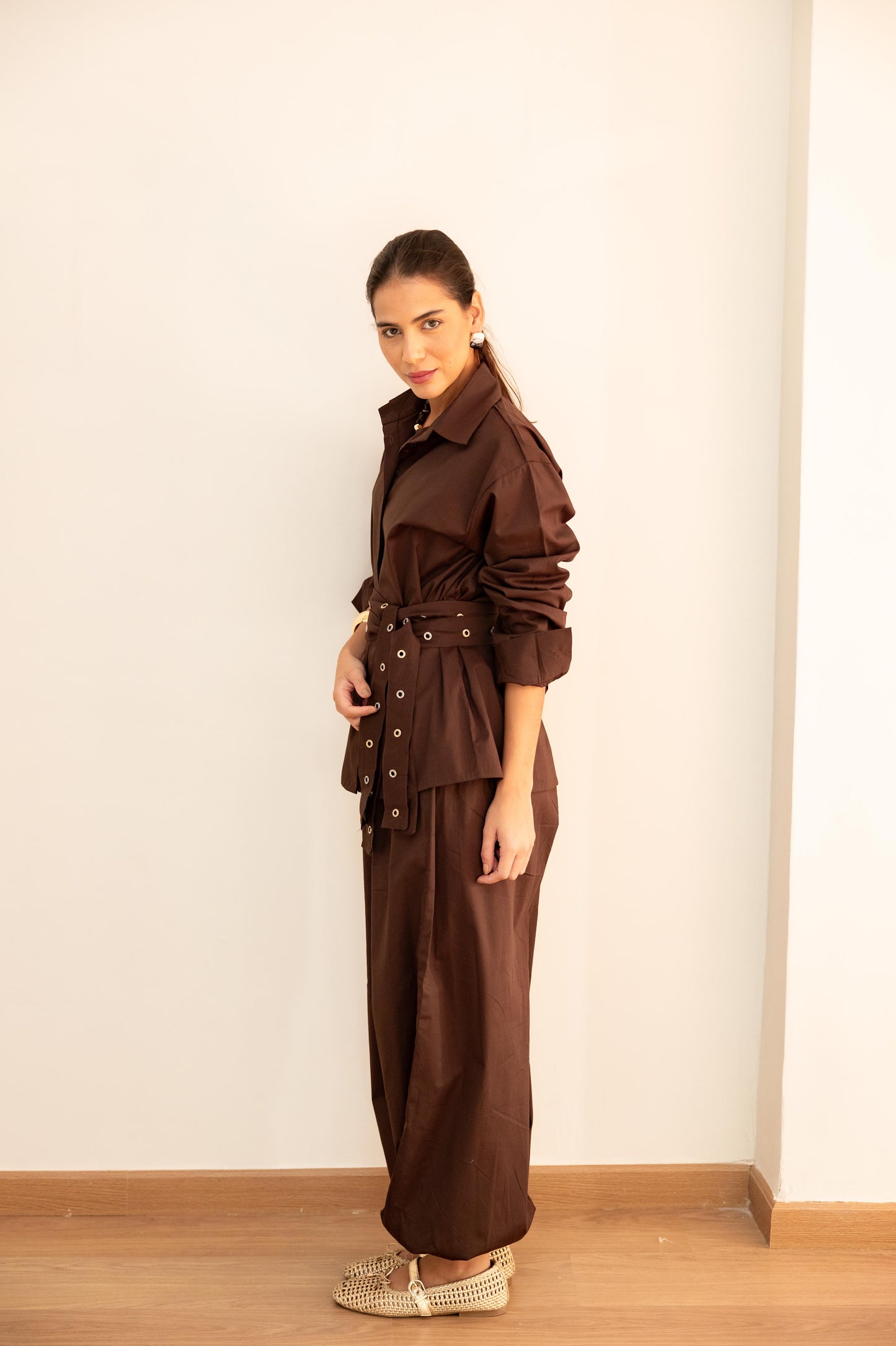 Double belted shirt-Brown