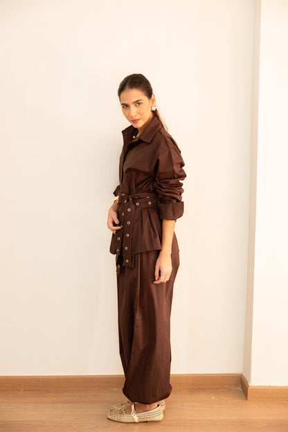 Double belted shirt-Brown