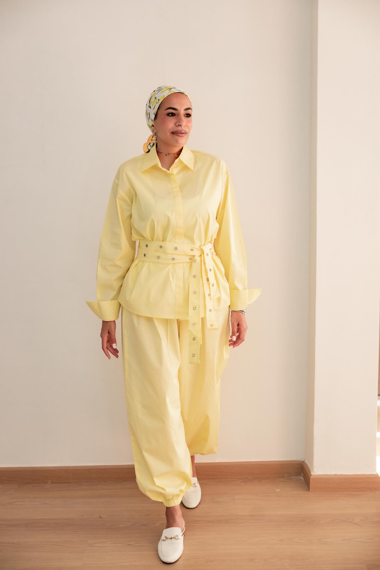 Double belted shirt-Butter yellow