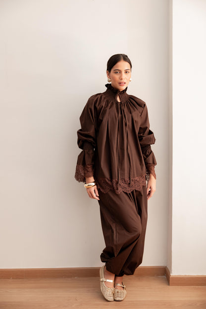 Lace detail blouse-Brown