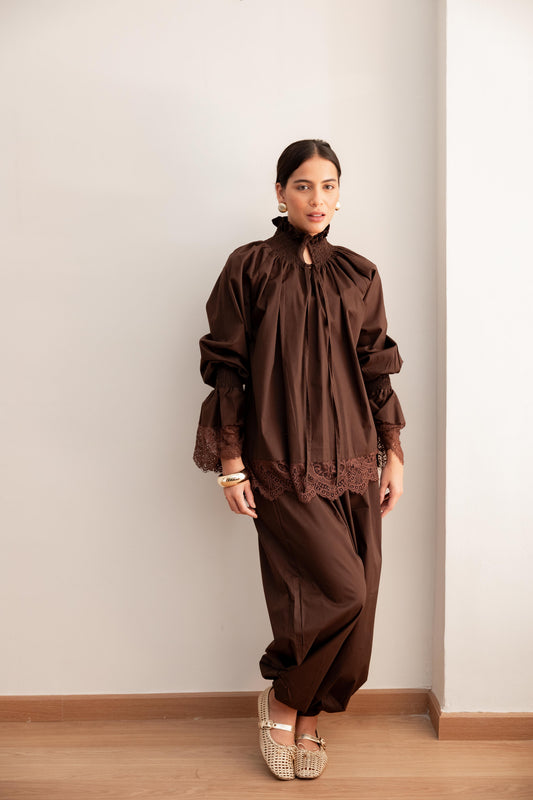 Lace detail blouse-Brown