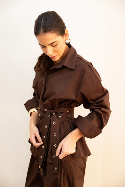 Double belted shirt-Brown